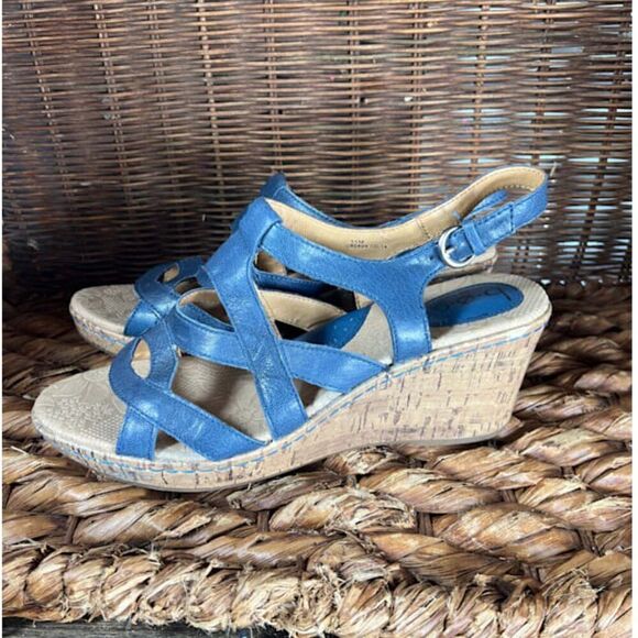 B.O.C. Women’s Blue Strappy Ankle Strap Cork Wedge Sandals Size 11M - Picture 1 of 7